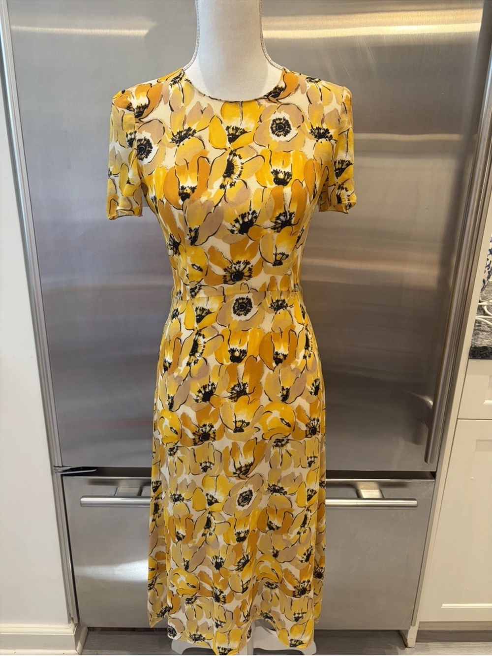 Prada Yellow Floral Short-Sleeve Midi Dress
